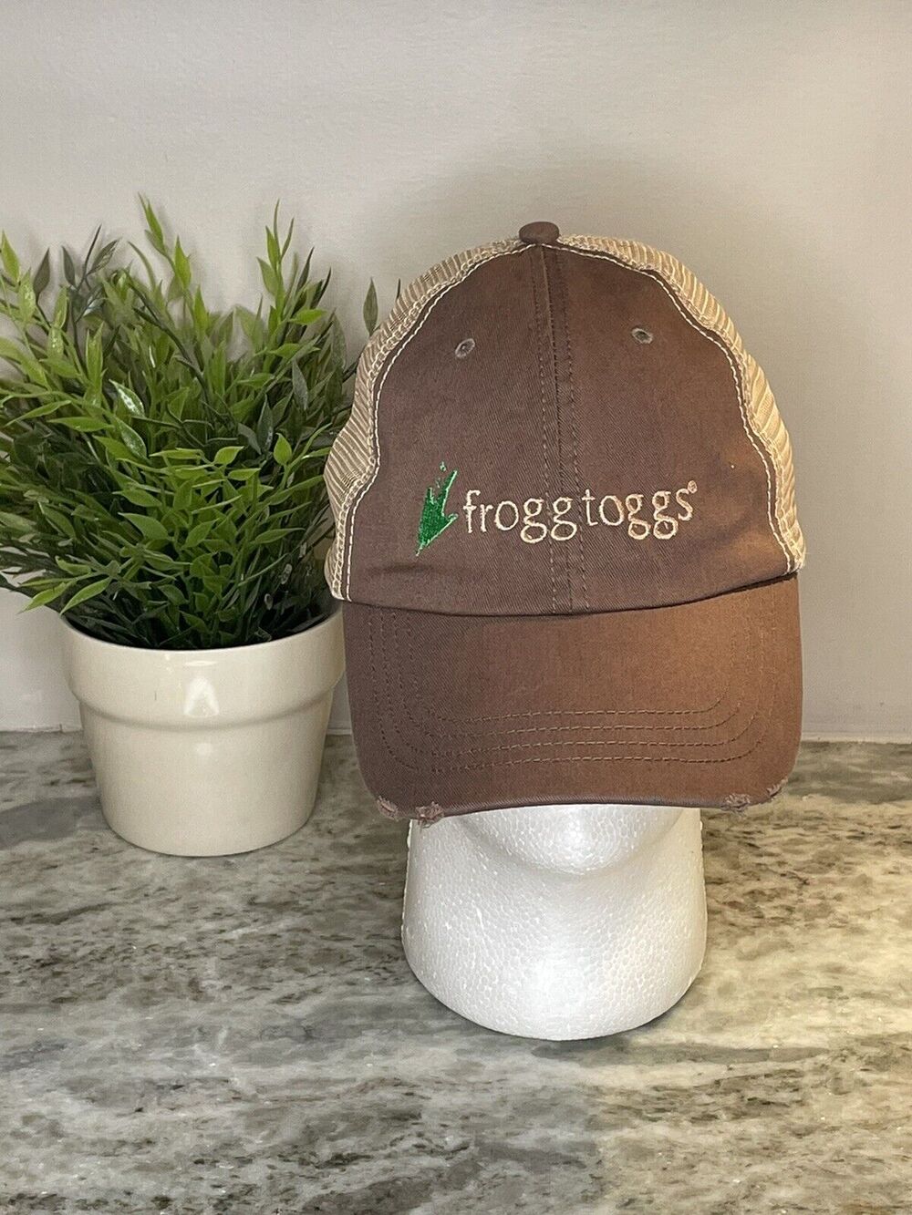 Frogg Toggs Logo Adjustable Strap Trucker Mesh Hat Tan Brown EUC